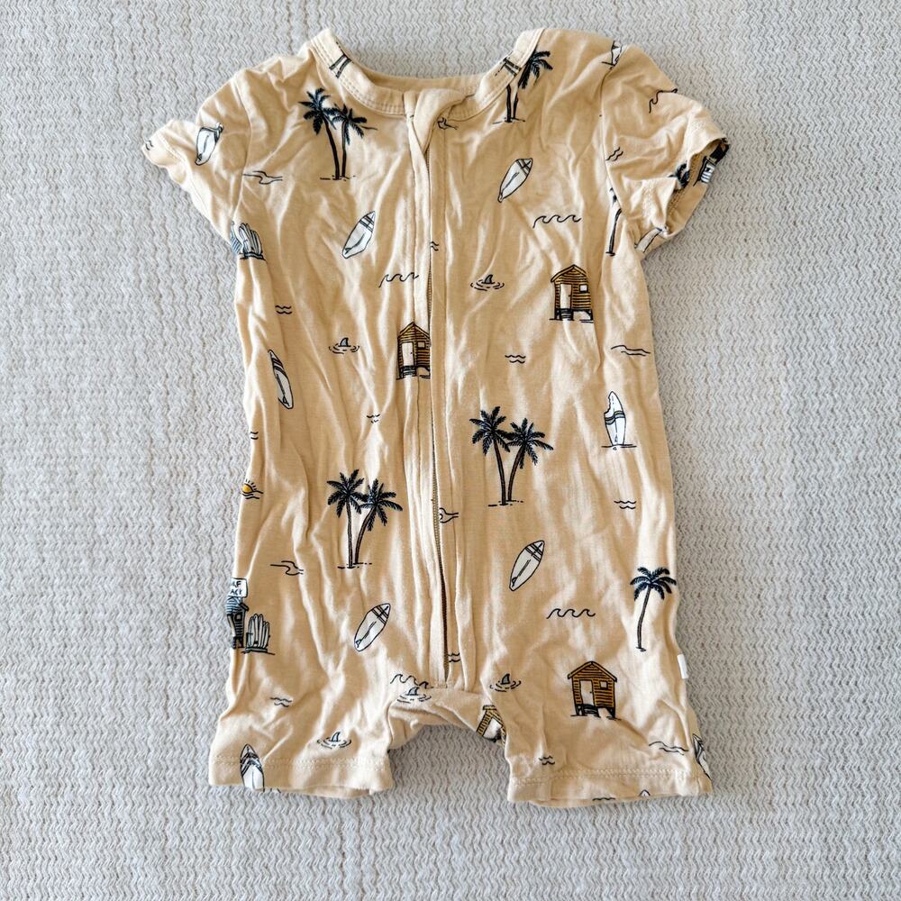 Brave Little Ones Tan Black Surf Hawaii Beach Bamboo Short Sleeve Zip Up Romper
